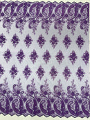 Metallic corded embroider flowers with Paisley design on a mesh lace fabric-prom