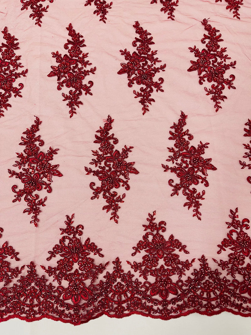 FLORAL DAMASK BEADED LACE ON MESH FABRIC (By The Yard)