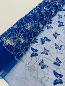 3D BEADED BUTTERFLY LACE ON A MESH FABRIC (By The Yard)