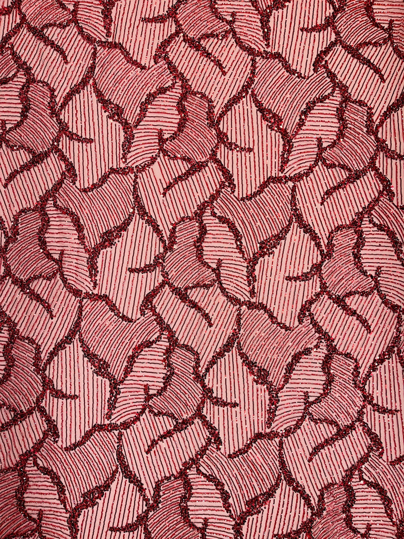 HEAVY BEADED LEAF DESIGN ON A MESH FABRIC (By The Yard)