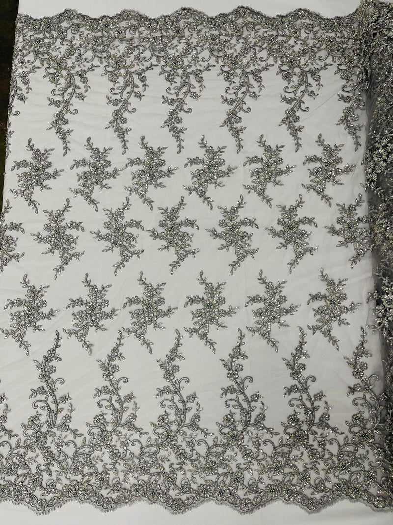 BIG FLORAL DAMASK BEADED MESH LACE FABRIC (By The Yard)