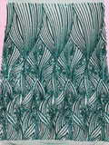 Geometric Feather wing shiny sequin design on a 4 way stretch mesh Fabric-old by the yard.