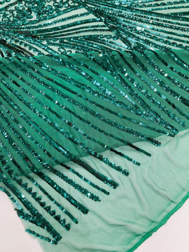 Geometric Feather wing shiny sequin design on a 4 way stretch mesh Fabric-old by the yard.