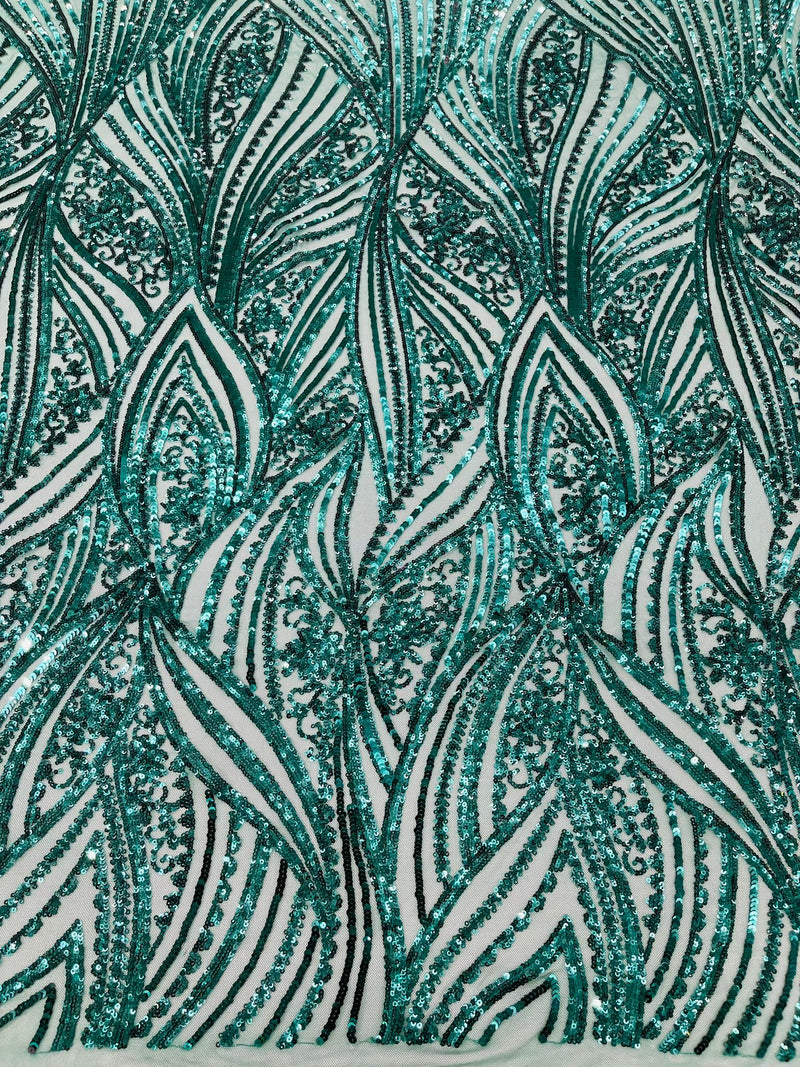 Geometric Feather wing shiny sequin design on a 4 way stretch mesh Fabric-old by the yard.