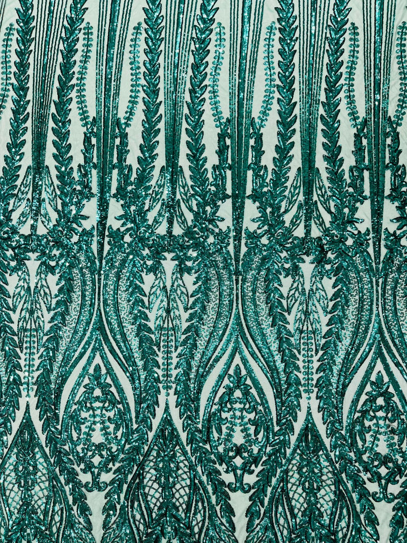 Damask design with sequins embroider on a 4 way stretch mesh fabric.