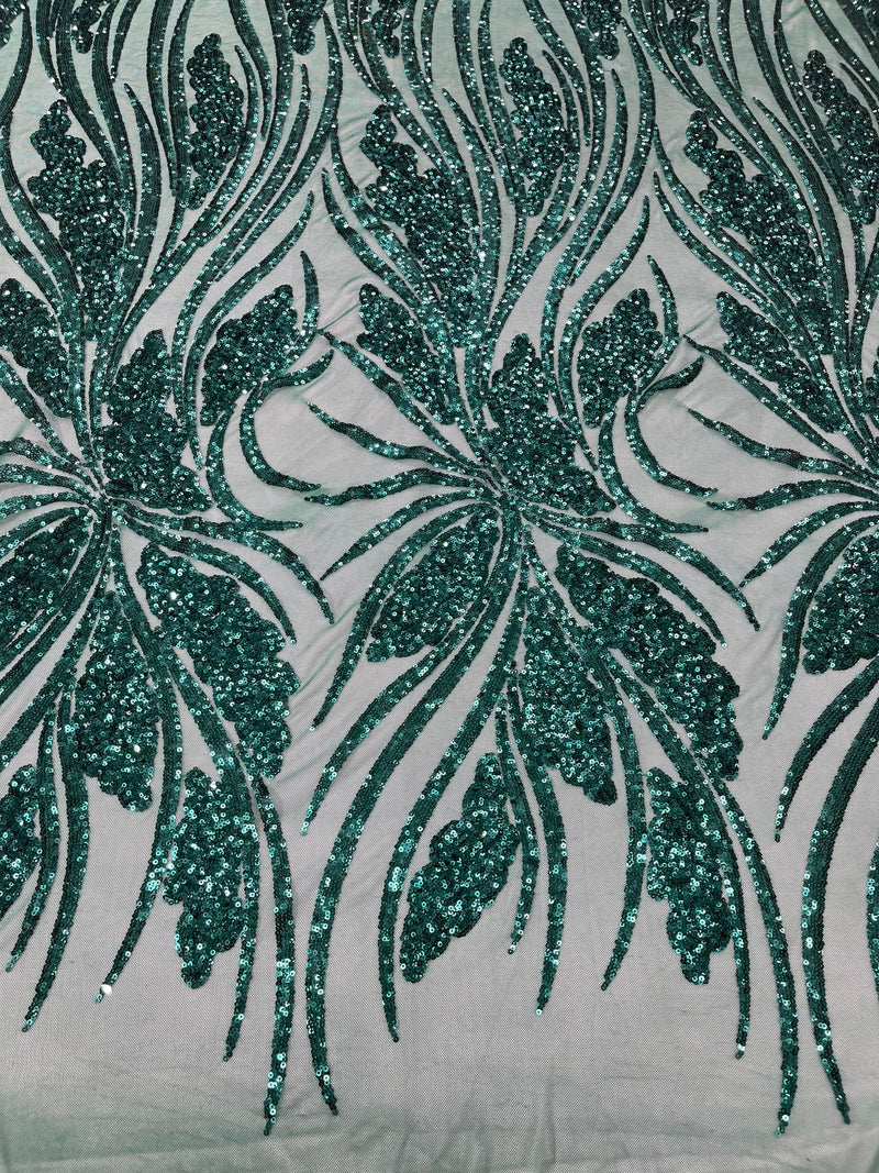 Feather damask shiny sequin design on a 4 way stretch mesh Fabric-sold by The yard.