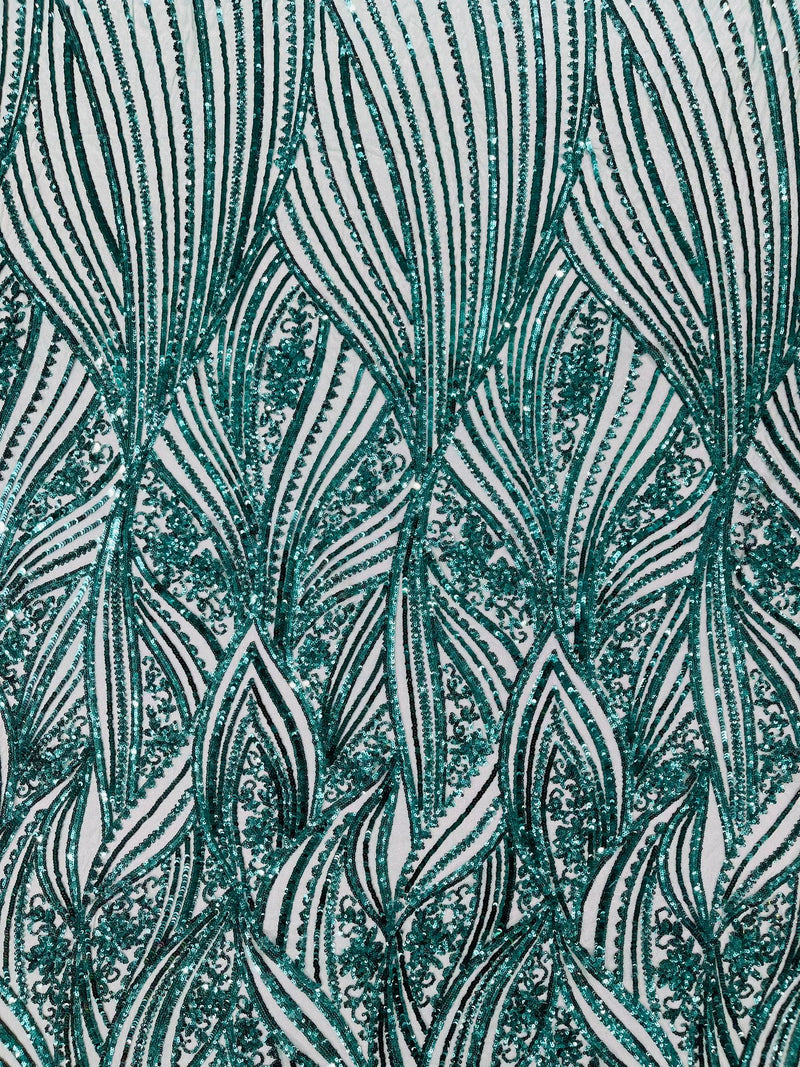 Geometric Feather wing shiny sequin design on a 4 way stretch mesh Fabric-old by the yard.