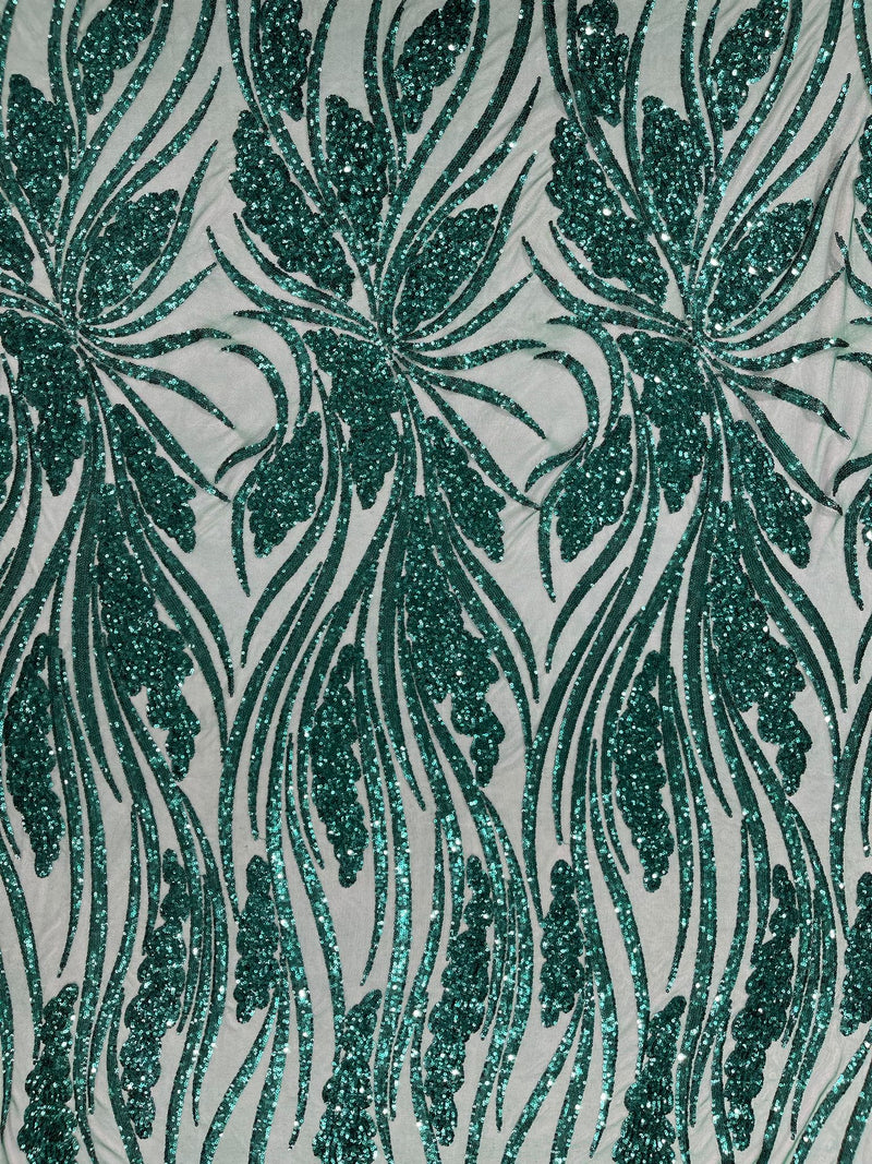 Feather damask shiny sequin design on a 4 way stretch mesh Fabric-sold by The yard.