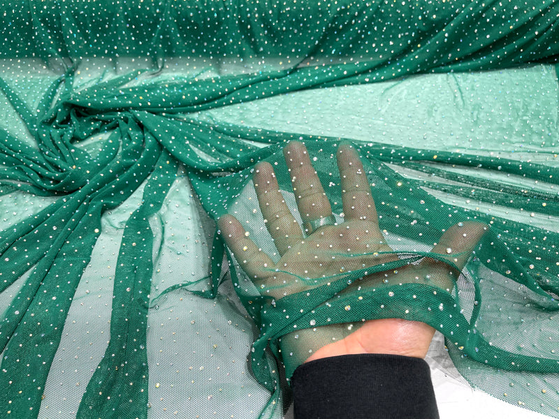 Emerald Green Sheer All Over AB Rhinestones On Stretch Power Mesh Fabric, Dancewear- Sold By The Yard.