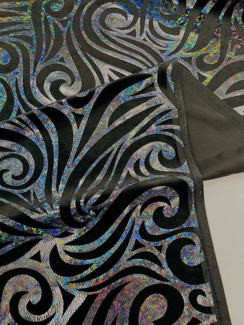 Holographic Foil Tribal Flame Design On A Stretch Velvet  Fabric. By The Yard