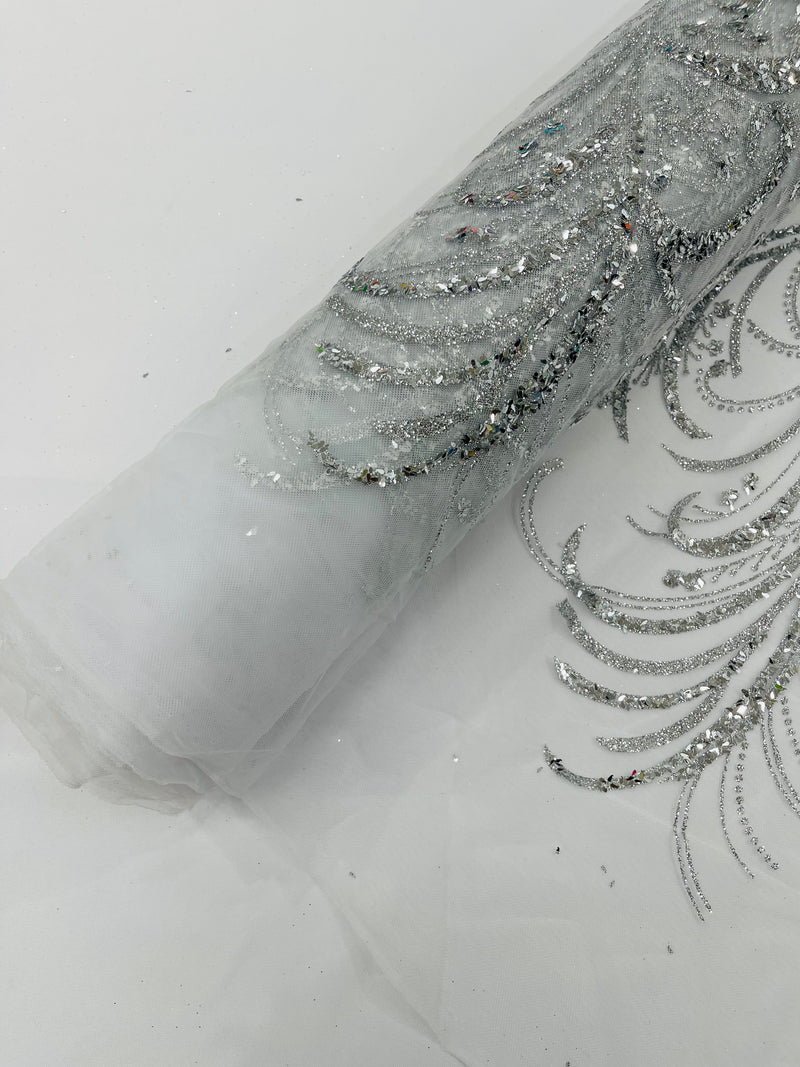 Vine Glitter Design On A Mesh Lace Fabric/Prom