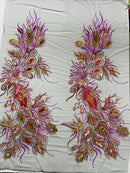 Peacock feathers multi color embroider with shiny sequins on a White mesh-nightgown-sold by 2 panels.