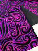 Holographic Foil Tribal Flame Design On A Stretch Velvet  Fabric. By The Yard
