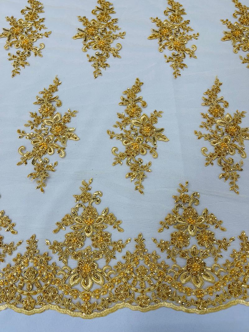 FLORAL DAMASK BEADED LACE ON MESH FABRIC (By The Yard)