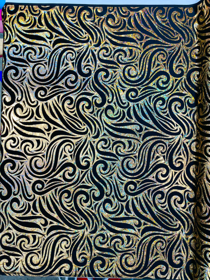 Holographic Foil Tribal Flame Design On A Stretch Velvet  Fabric. By The Yard