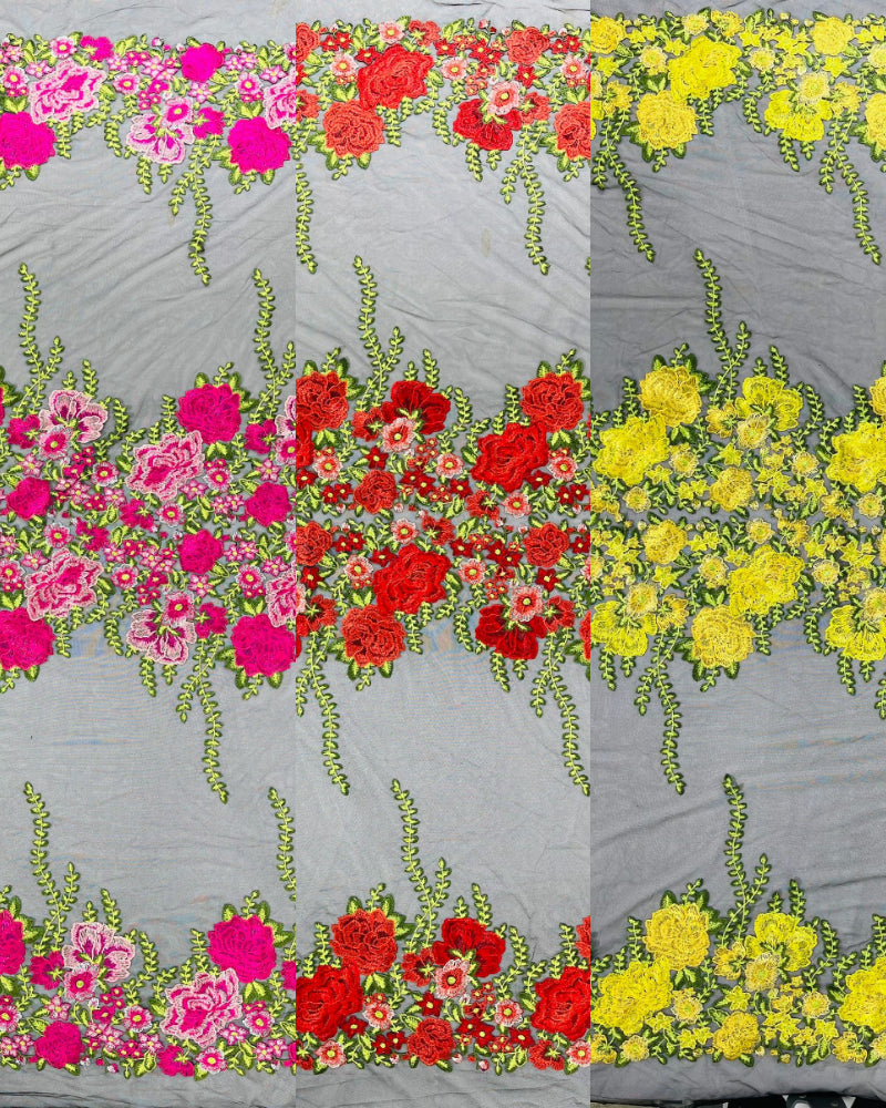 Roses Multi Color Floral Design Embroider On Mesh Lace (by the yard)