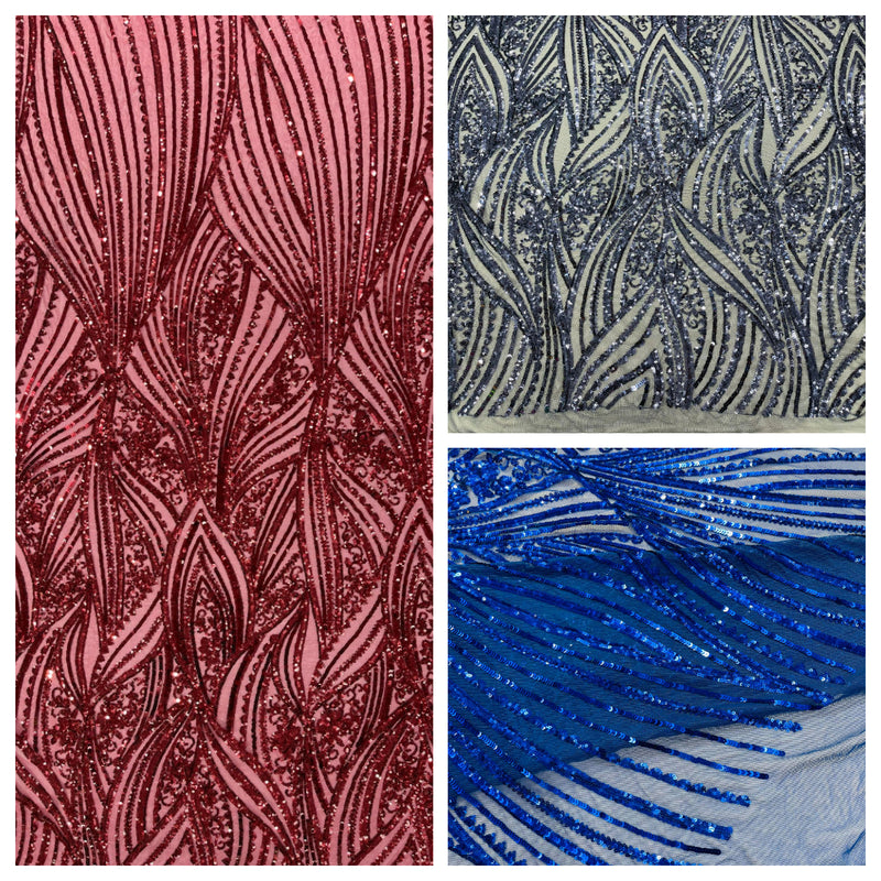 Geometric Feather wing shiny sequin design on a 4 way stretch mesh Fabric-old by the yard.