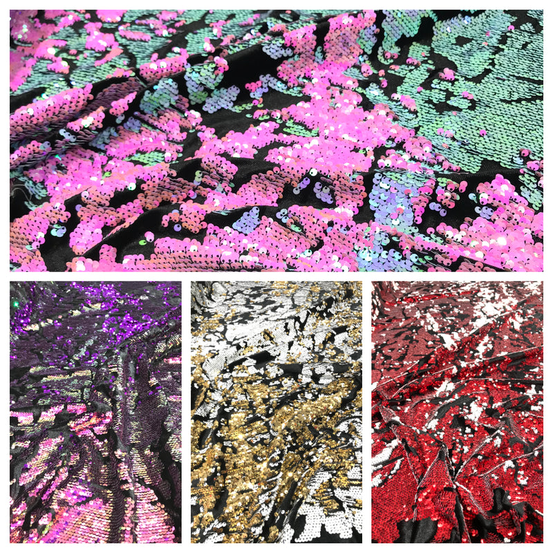 CAMO REVERSIBLE SEQUIN STRETCH VELVET FABRIC (By The Yard)
