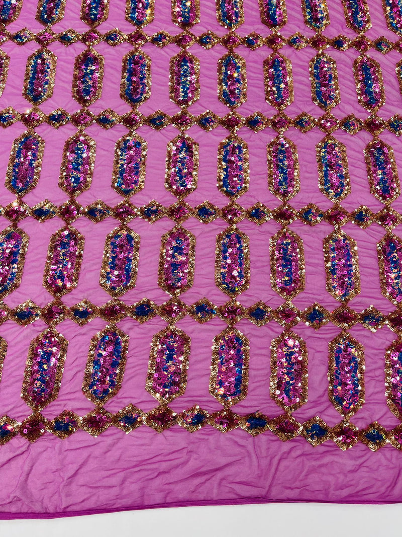 Fuchsia/Gold multi color iridescent Jewel sequin design on a fuchsia 4 way stretch mesh fabric.