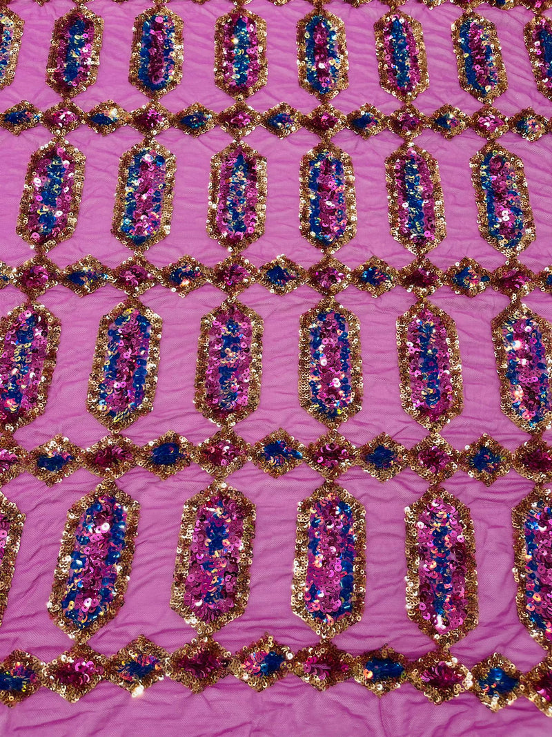 Fuchsia/Gold multi color iridescent Jewel sequin design on a fuchsia 4 way stretch mesh fabric.