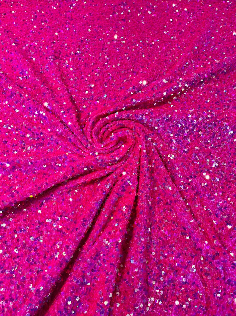 Clear/Neon Fuchsia Iridescent Sequin Stretch Velvet Fabric 5mm,58 Inches wide /Prom/ Sold By The Yard.