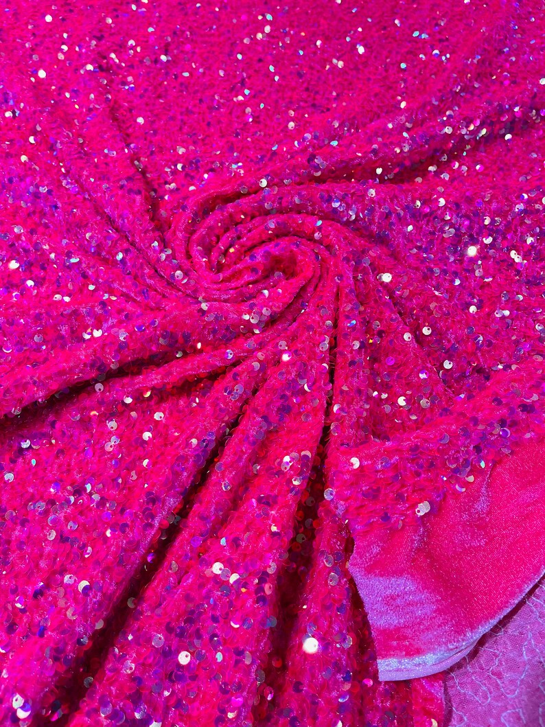 Clear/Neon Fuchsia Iridescent Sequin Stretch Velvet Fabric 5mm,58 Inches wide /Prom/ Sold By The Yard.