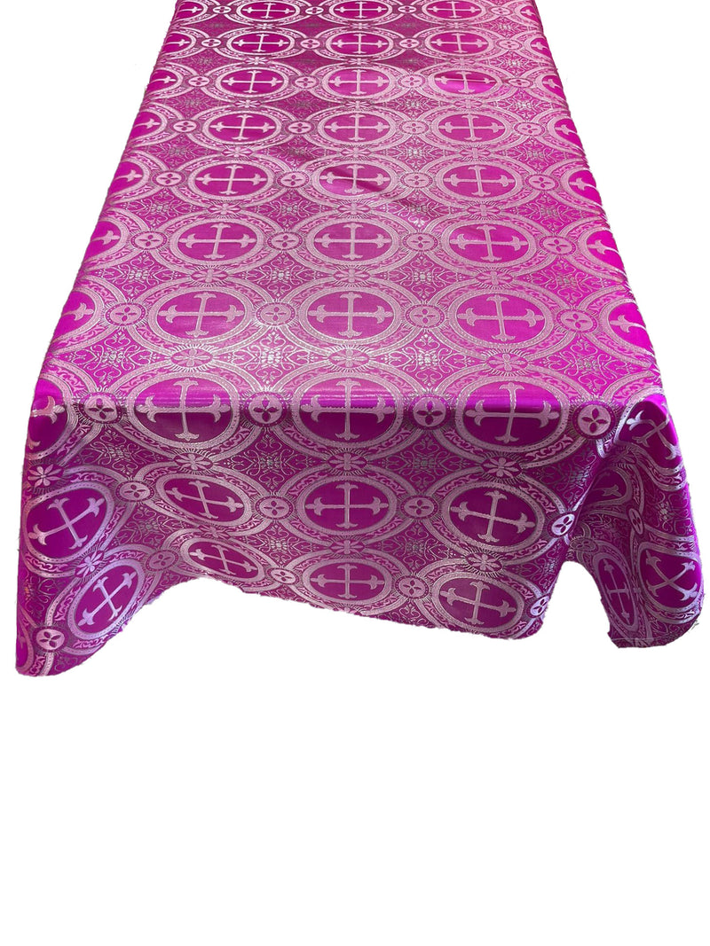 Fuchsia/Silver - Rectangular Metallic Cross Brocade Jacquard Satin Tablecloth Overlay/Religious Brocade/Liturgical Fabric/Church.