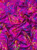 Splatter Foil Paint Metallic Print on a 4-way Stretch Tie Dye Nylon Spandex Tricot/Milliskin -Sold by the yard.