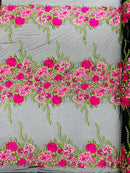 Roses Multi Color Floral Design Embroider On Mesh Lace Fabric (by the yard)