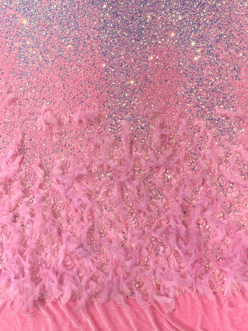 5mm sequins on a stretch velvet with feathers 2-way stretch, sold by the yard