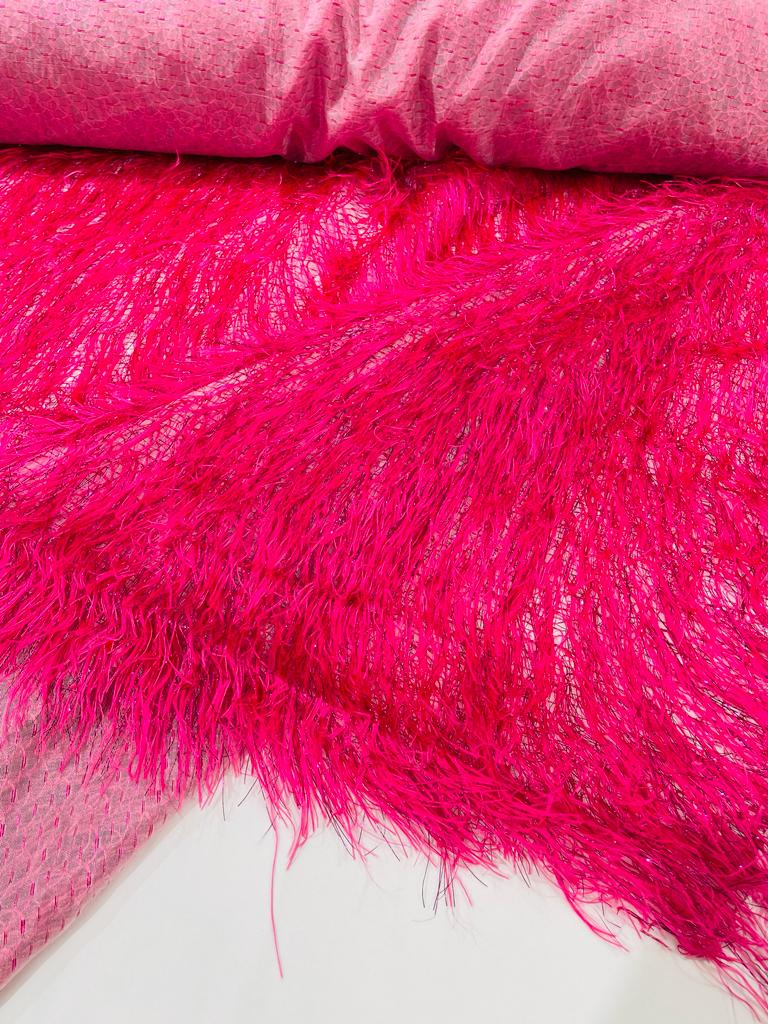 Fuchsia Shaggy Jacquard Faux Ostrich/Eye Lash Feathers Fringe With Metallic Thread By The Yard
