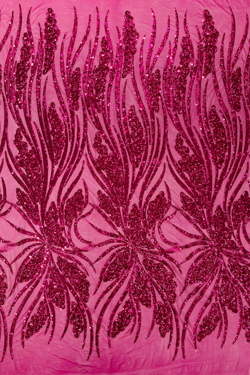 Feather damask shiny sequin design on a 4 way stretch mesh Fabric-sold by The yard.