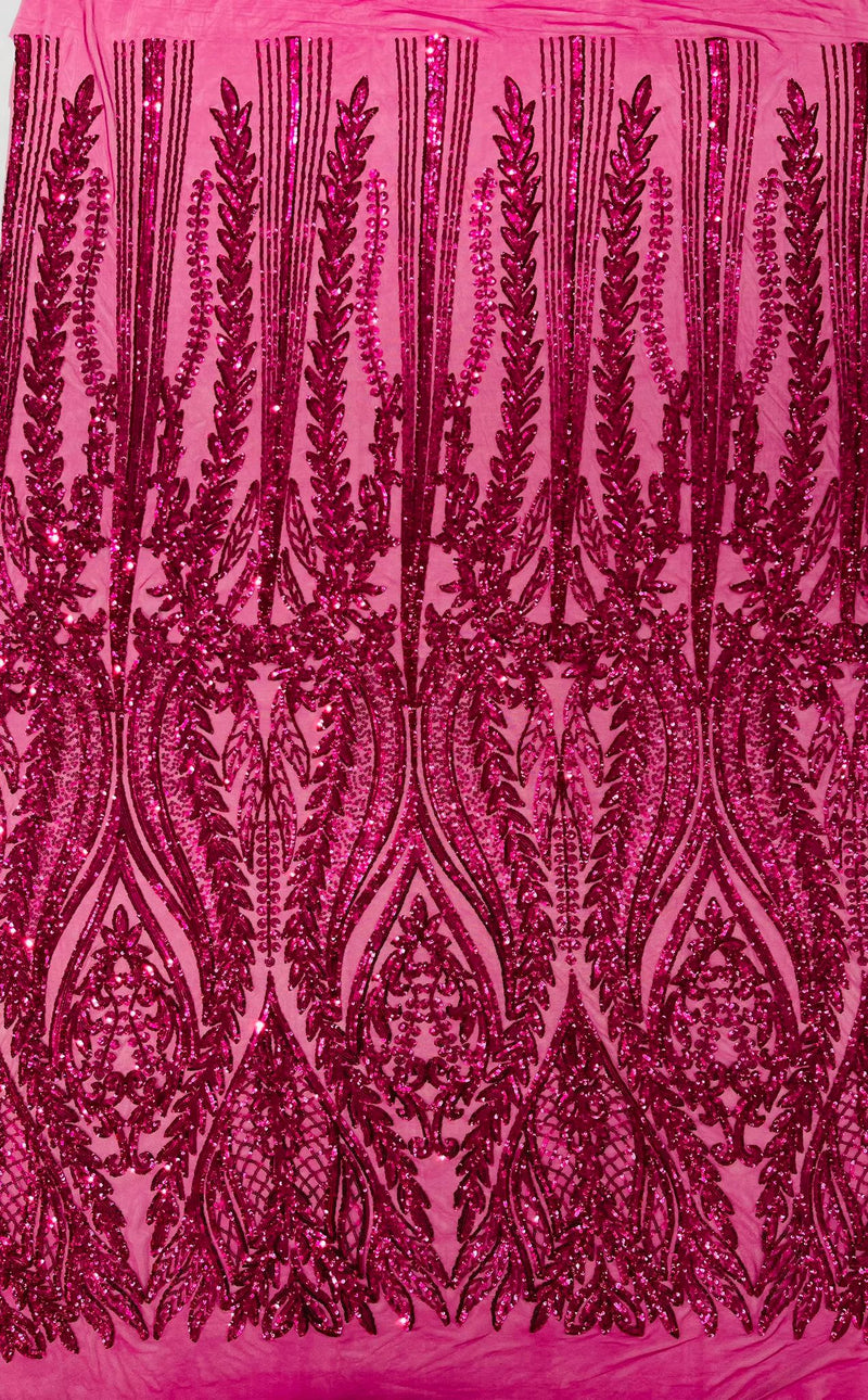 Damask design with sequins embroider on a 4 way stretch mesh fabric.