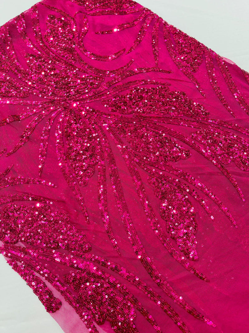 Feather damask shiny sequin design on a 4 way stretch mesh Fabric-sold by The yard.