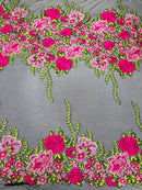 Roses Multi Color Floral Design Embroider On Mesh Lace Fabric (by the yard)