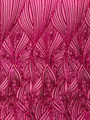 Geometric Feather wing shiny sequin design on a 4 way stretch mesh Fabric-sold by the yard.