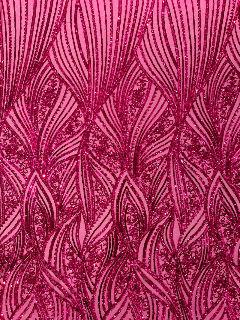 Geometric Feather wing shiny sequin design on a 4 way stretch mesh Fabric-old by the yard.