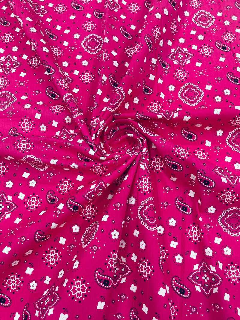 Fuchsia 58/59" Wide 65% Polyester 35 percent Cotton Bandanna Print Fabric, Good for Face Mask Covers, Clothing/costume/Quilting Fabric