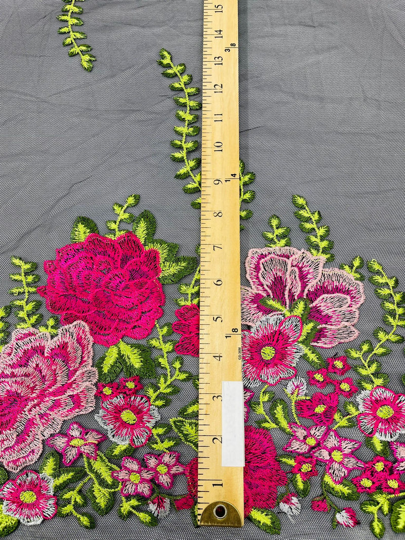 Roses Multi Color Floral Design Embroider On Mesh Lace (by the yard)