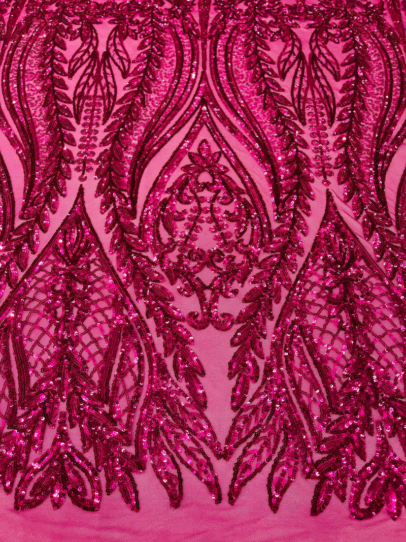 Damask design with sequins embroider on a 4 way stretch mesh fabric.