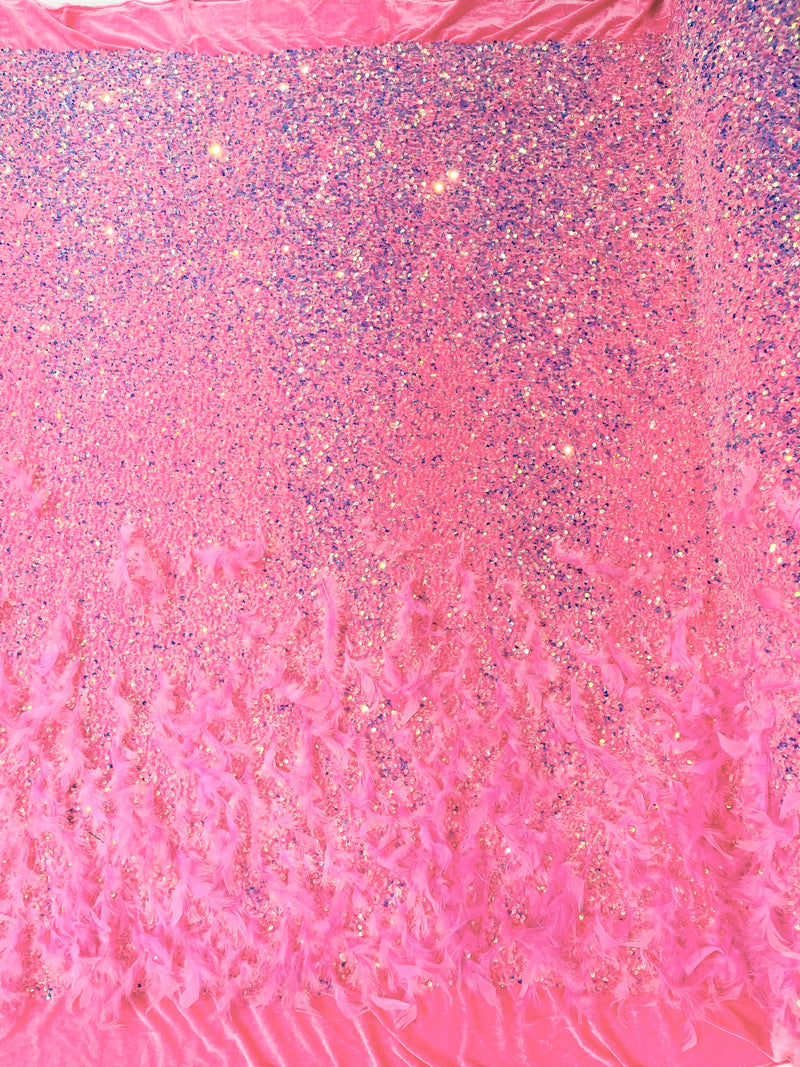Fuchsia 5mm sequins on a stretch velvet with feathers 2-way stretch, sold by the yard