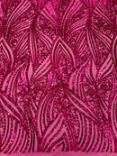 Geometric Feather wing shiny sequin design on a 4 way stretch mesh Fabric-sold by the yard.