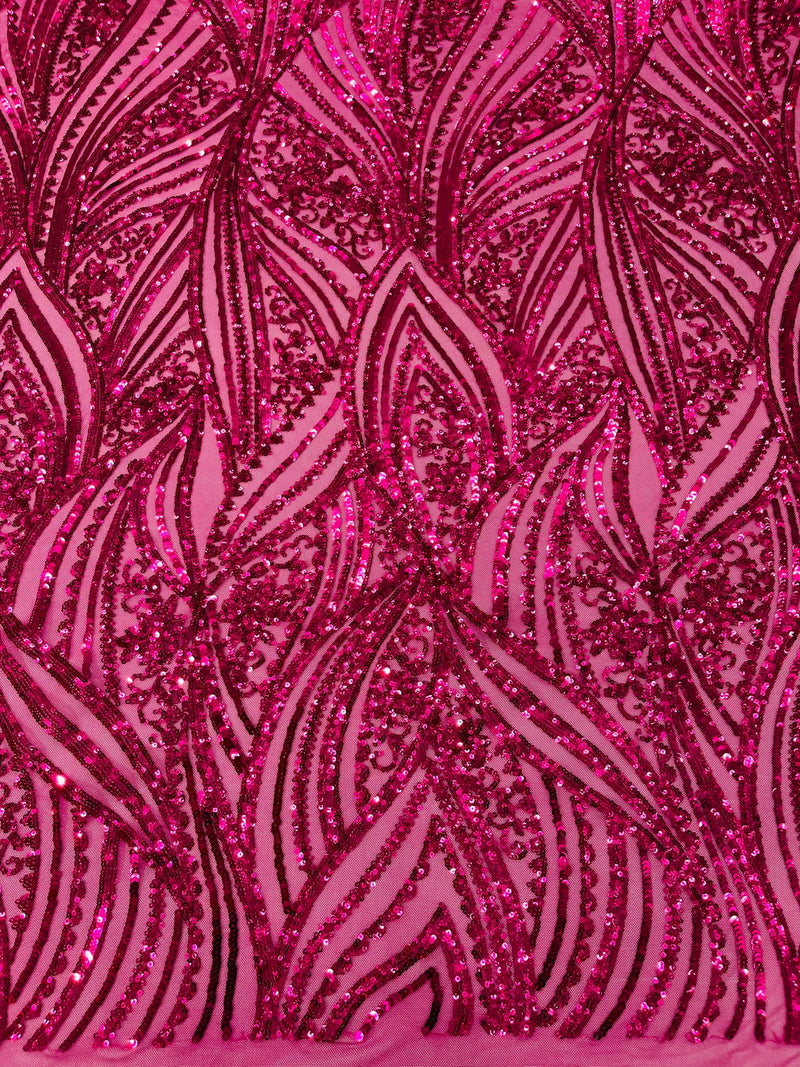 Geometric Feather wing shiny sequin design on a 4 way stretch mesh Fabric-old by the yard.