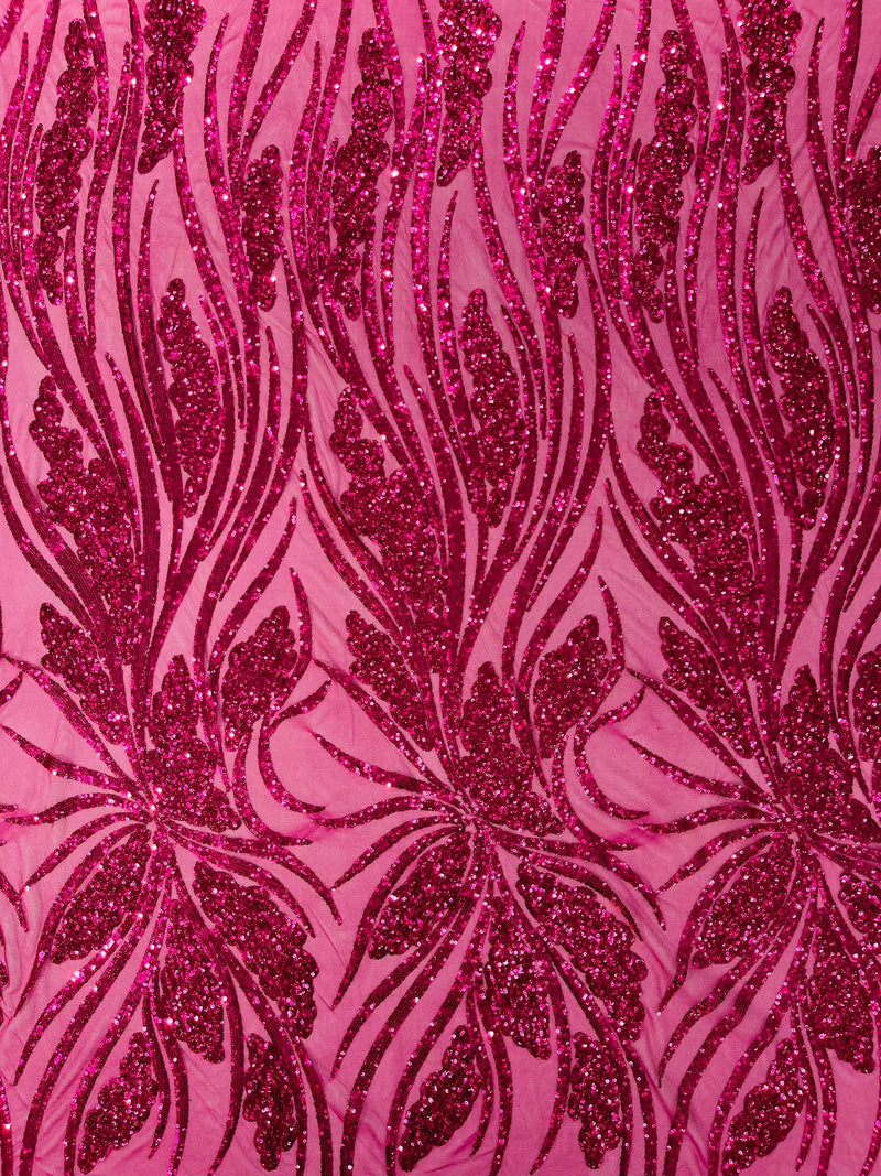 Feather damask shiny sequin design on a 4 way stretch mesh Fabric-sold by The yard.