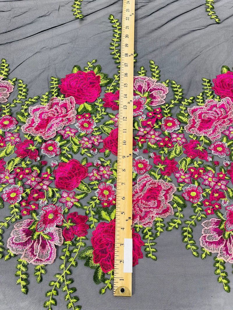 Roses Multi Color Floral Design Embroider On Mesh Lace (by the yard)