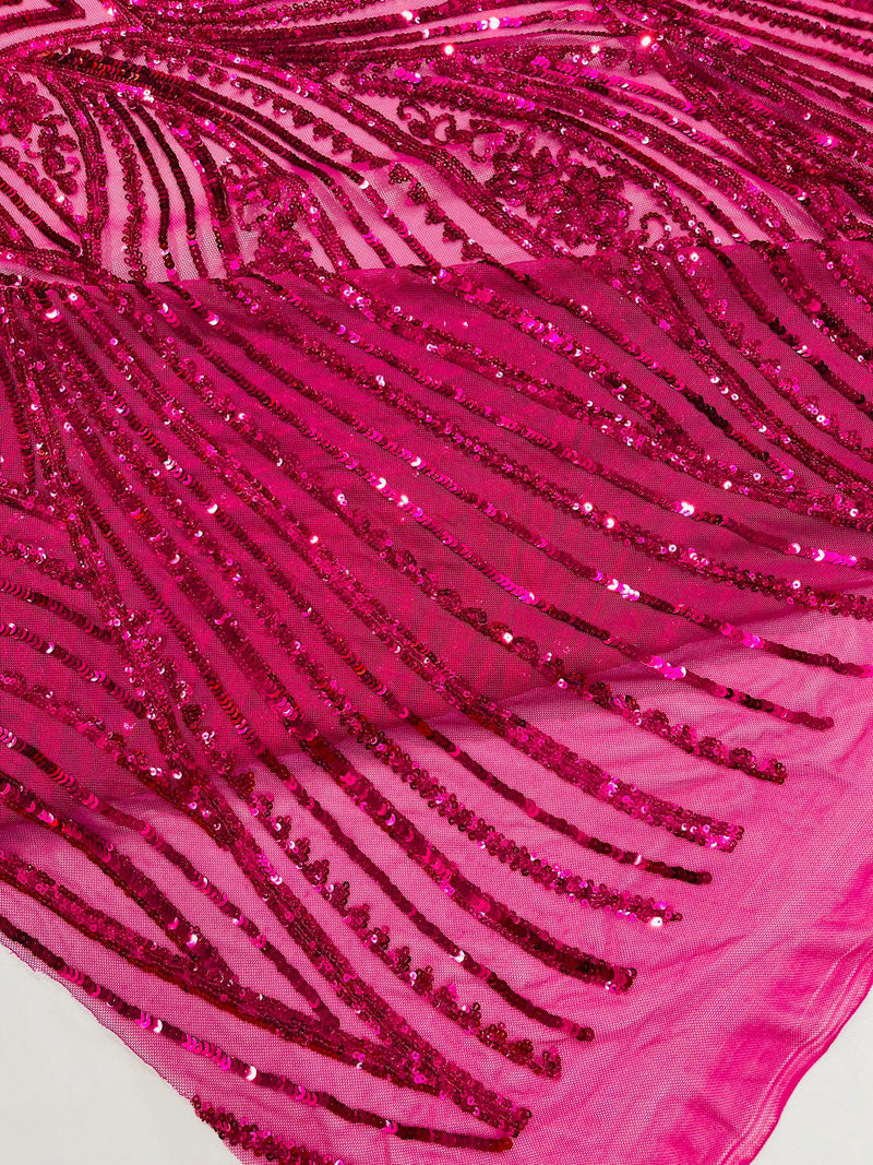 Geometric Feather wing shiny sequin design on a 4 way stretch mesh Fabric-old by the yard.