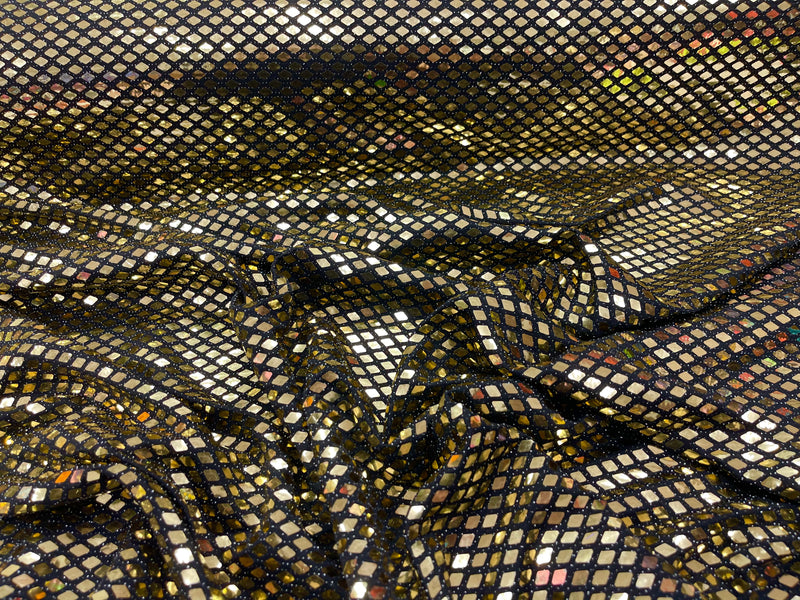 Gold Diamond Sequin On Black Metallic Lurex 2 Way Stretch Fabric- Sold By The Yard