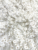 Ivory/Gold metallic French inspired embroidered lace fabric, delicate floral embroidery, soft off white dot tulle mesh and designer fashion