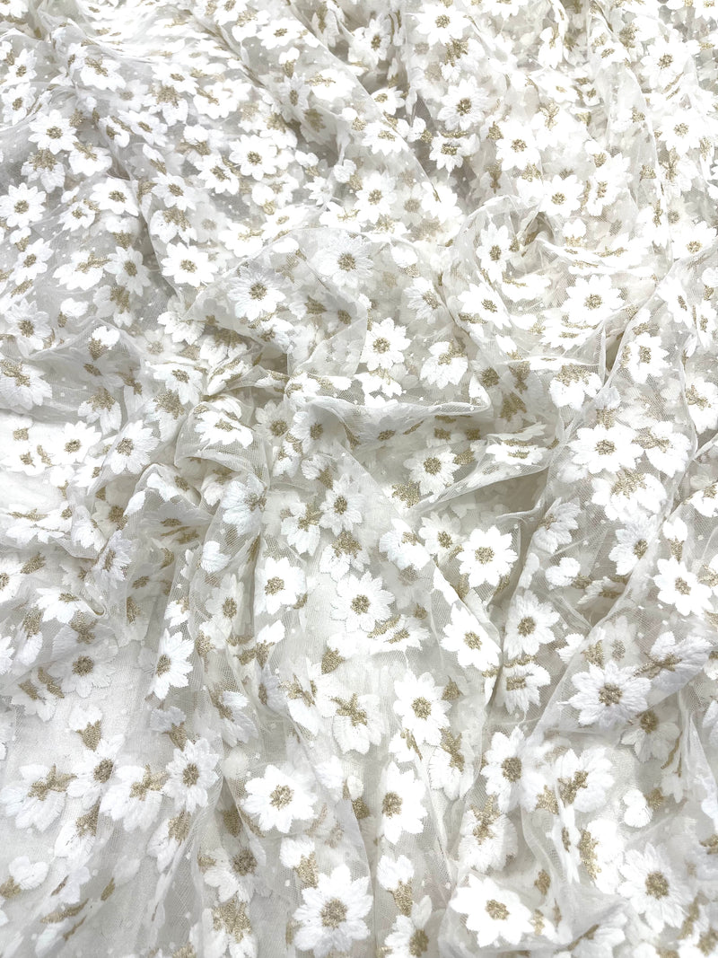 Ivory/Gold metallic French inspired embroidered lace fabric, delicate floral embroidery, soft off white dot tulle mesh and designer fashion