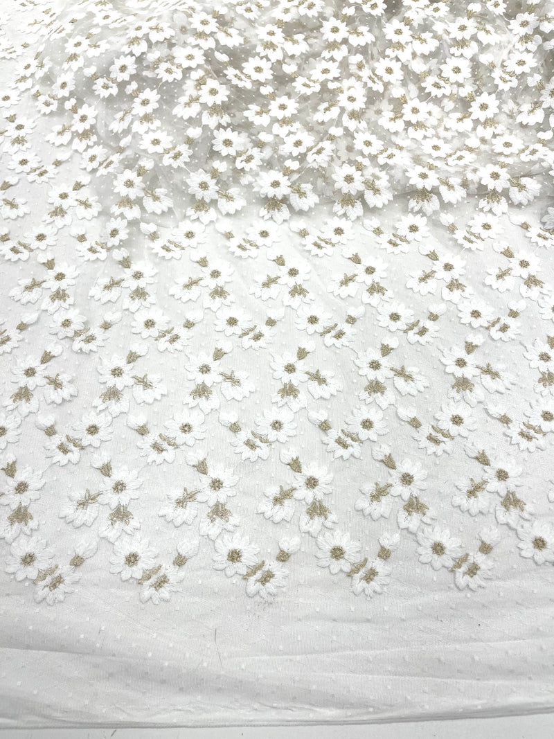 Ivory/Gold metallic French inspired embroidered lace fabric, delicate floral embroidery, soft off white dot tulle mesh and designer fashion